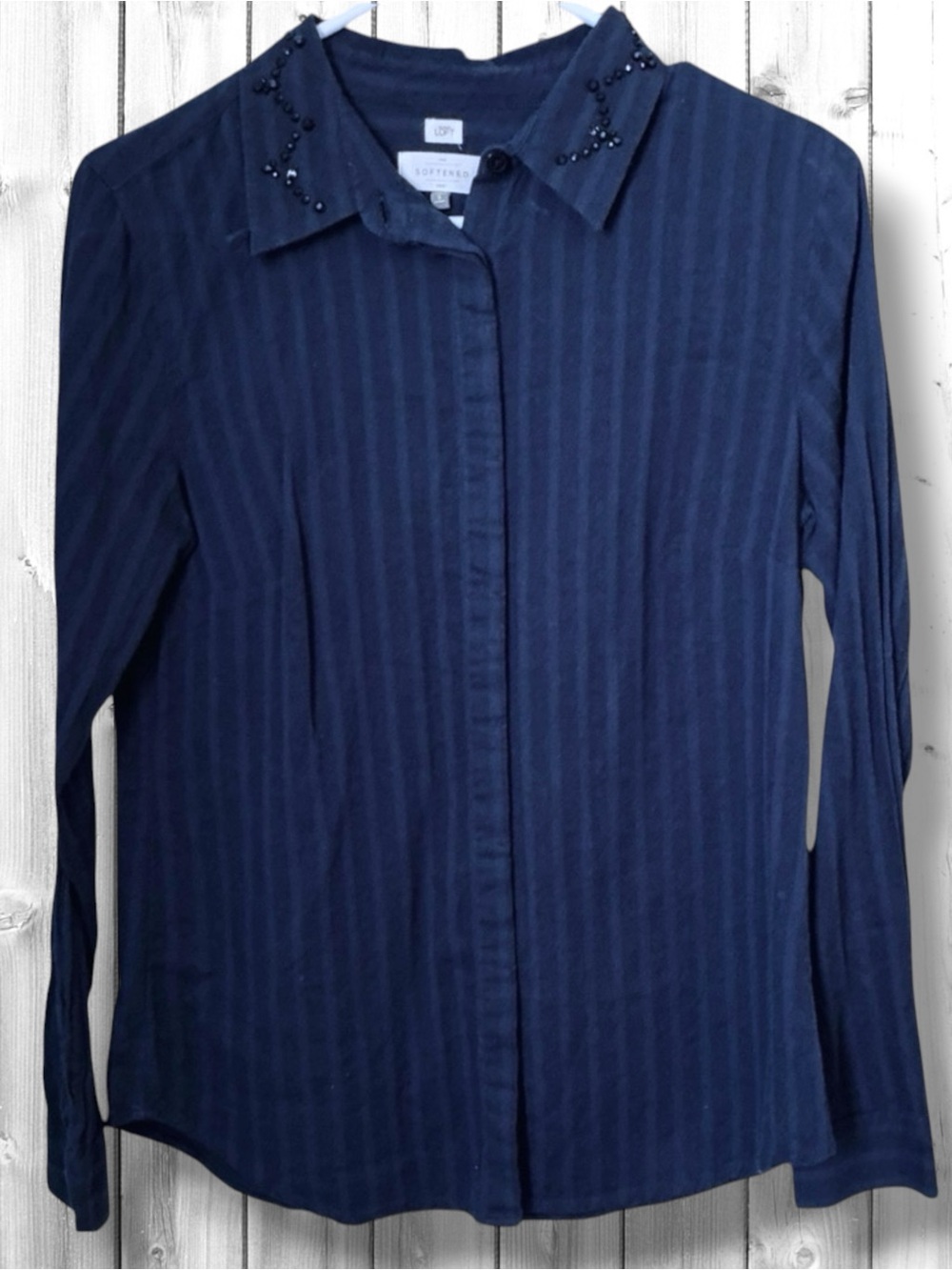 🌺Ann Taylor Loft Sequence Navy Hidden Button Down Shirt